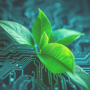 green plant growing from circuit board representing deep tech innovation
