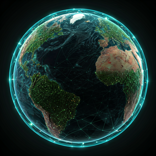 Digital visualization of Earth with glowing neural network connections representing climate technology
